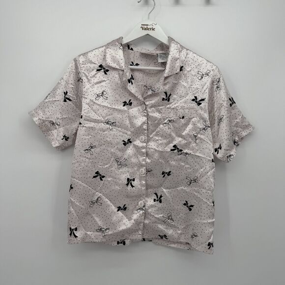 Exit 51 Vintage Pink Satin Bow Pajama Top Polka Dot Size Small - Picture 1 of 7